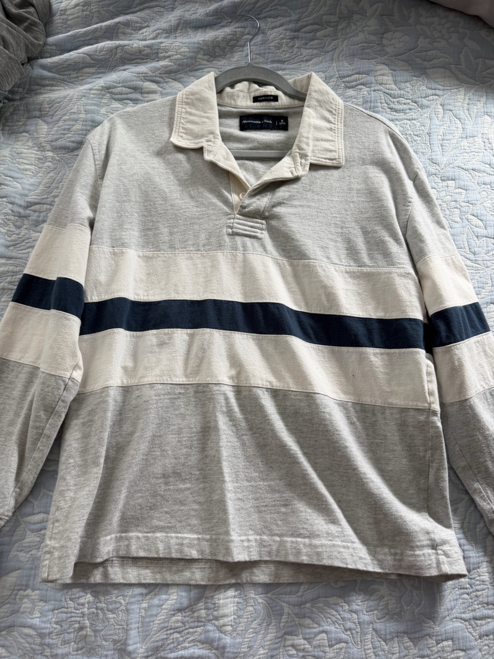 Abercrombie & Fitch Men's Long Sleeve Rugby Shirt in Light Gray, Cream & Navy
